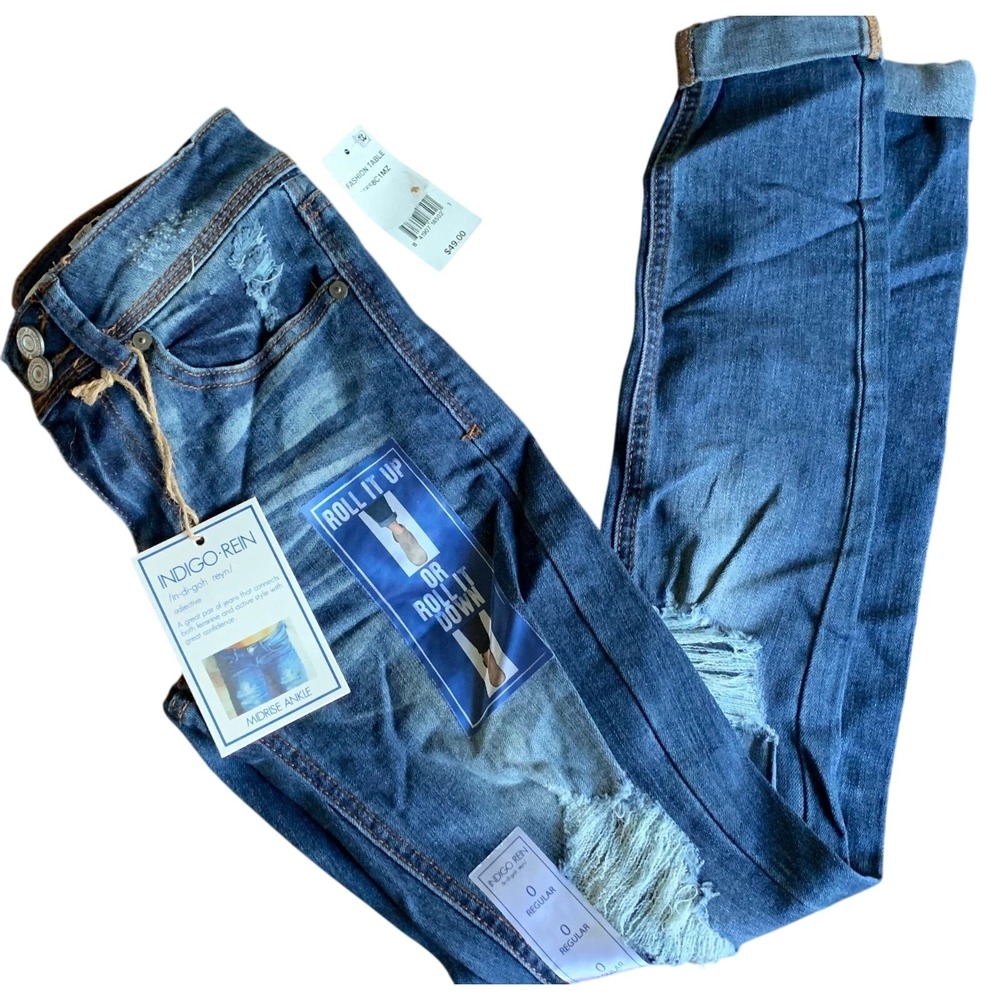 Indigo Rein Mid Rise Ankle Distressed‎ Roll Cuff Jeans Size 0